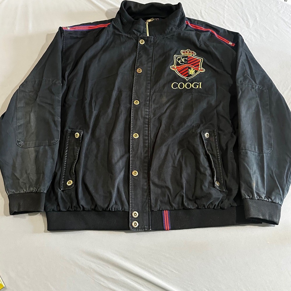 COOGI Bomber Jacket Mens 5XL Black Good Embroidered Crest Racing Stripes